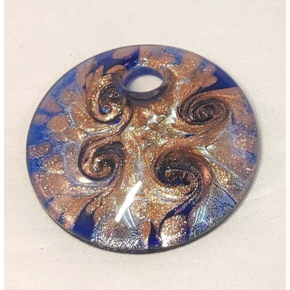 Dichroic Blue Glass Pendant Swirled Copper Design 2" Cobalt Blue Glass Hole Bale - Picture 1 of 6